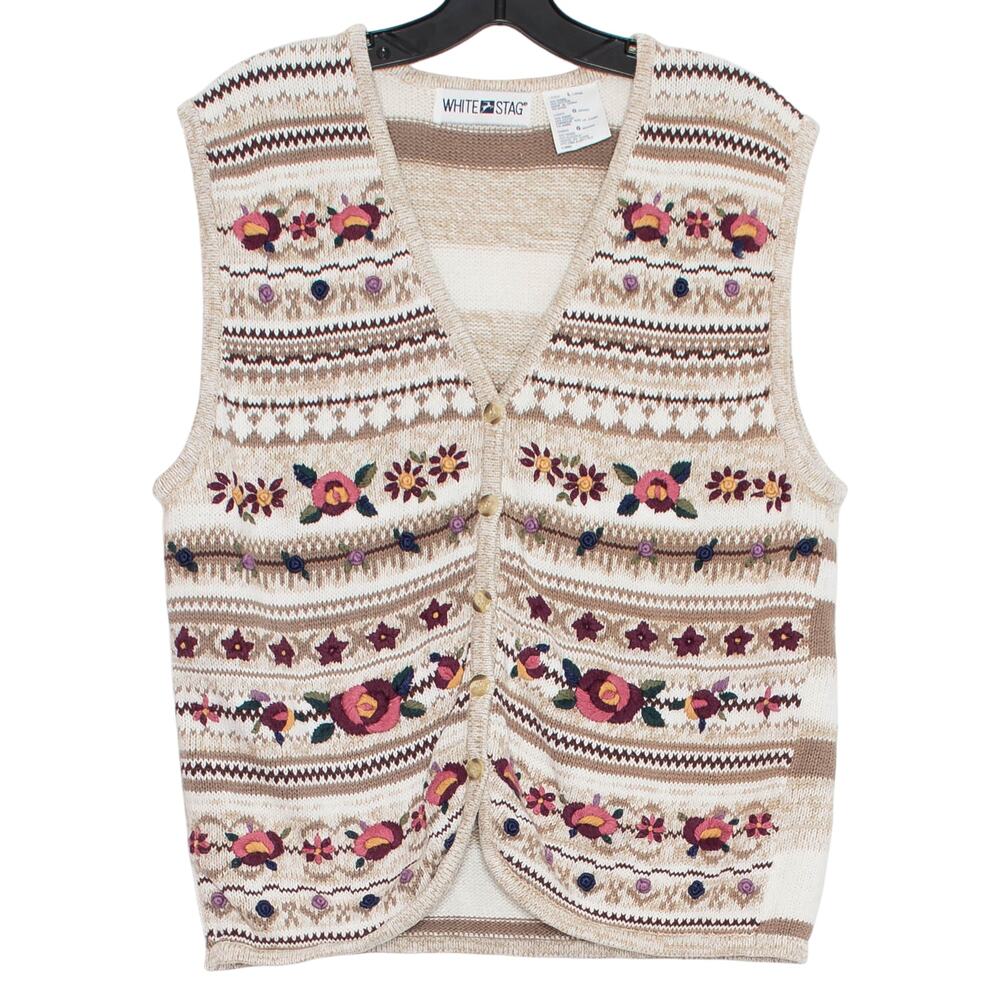 Cottagecore Sweater Vest Floral Embroidered Boho Grandma Fair Isle Nordic Large